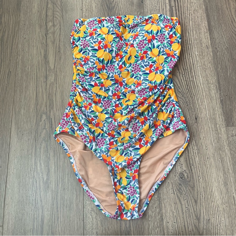 JCrew Factory Printed Strapless One Piece Bathing Suit, Size S Tropical Beach